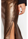 Trendyol Brown Foil Print High Waist A Slit Maxi Dress, Fitted Skirt