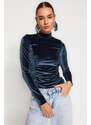 Trendyol Petrol Draped Fitted/Sleeved High Neck Velvet Knitted Blouse