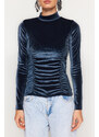 Trendyol Petrol Draped Fitted/Sleeved High Neck Velvet Knitted Blouse