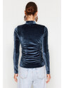 Trendyol Petrol Draped Fitted/Sleeved High Neck Velvet Knitted Blouse