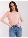 Fashionhunters Světle růžový žebrovaný svetr s rolákem