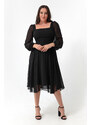 Lafaba Women's Black Square Neck Belted Midi Chiffon Plus Size Evening Dress.