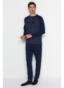 Trendyol Navy Blue Printed Raglan Sleeve Knitted Pajamas Set