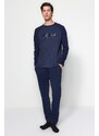 Trendyol Navy Blue Printed Raglan Sleeve Knitted Pajamas Set