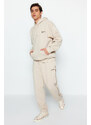 Trendyol Stone Men's Tracksuit Oversize/Wide-Fit Hooded Embroidered Wenge Fleece Inner Cotton