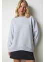 Happiness İstanbul Women's Gray Back Zipper Raised Knitted Sweatshirt