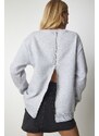 Happiness İstanbul Women's Gray Back Zipper Raised Knitted Sweatshirt
