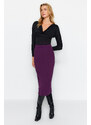 Trendyol Purple Smart Crepe Belt Detailed Fleto Pocket Midi Pencil High Waist Elastic Knitted Skirt