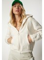 Happiness İstanbul Women's Cream Hooded Zipper Fleece Sweatshirt