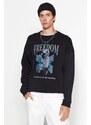 Trendyol Black Men's Oversize/Wide-Fit Crew Neck Printed Fleece Interior Cotton Sweatshirt.