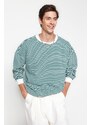 Trendyol Green Oversize/Wide-Fit Striped Fleece Cotton Sweatshirt