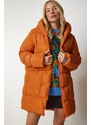 Happiness İstanbul Dámský oranžový oversized péřový kabát s kapucí
