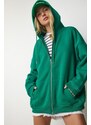 Happiness İstanbul Women's Green Hoodie with Zipper Oversized Sweatshirt