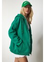 Happiness İstanbul Women's Green Hoodie with Zipper Oversized Sweatshirt