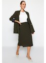 Trendyol Khaki Double Breasted Closed Crepe Midi Knitted Skirt