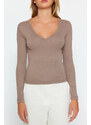 Trendyol Mink Premium Soft Fabric V-Neck Fitted/Slippery Knitted Blouse