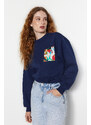 Trendyol Navy Blue Thick Inside With Fleece Printed Crew Neck Comfortable Cut Crop Knitted Sweatshirt