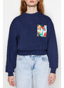 Trendyol Navy Blue Thick Inside With Fleece Printed Crew Neck Comfortable Cut Crop Knitted Sweatshirt