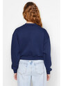 Trendyol Navy Blue Thick Inside With Fleece Printed Crew Neck Comfortable Cut Crop Knitted Sweatshirt