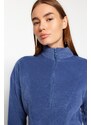 Trendyol Indigo Zipper Detailed Knitted Sweatshirt