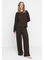 Trendyol Brown Corded Cotton Tshirt-Pants Knitted Pajama Set