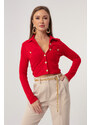 Lafaba Women's Red Buttons Short Knitted Blouse