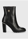 Kožené kotníkové boty Tommy Hilfiger FEMININE TH HARDWARE BOOTIE dámské, černá barva, na podpatku, FW0FW07540