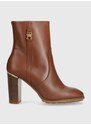 Kožené kotníkové boty Tommy Hilfiger FEMININE TH HARDWARE BOOTIE dámské, hnědá barva, na podpatku, FW0FW07540