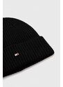 Kašmírová čepice Tommy Hilfiger černá barva, z tenké pleteniny, vlněná