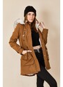 HAKKE Women's Snap-Up Hooded Fur Coat with Chest Pocket