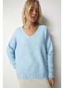 Happiness İstanbul Dámský světle modrý pletený svetr s texturou V-Neck