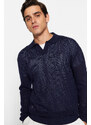 Trendyol Navy Regular Fit Polo Neck Crochet Detail Cotton Knitwear Sweater