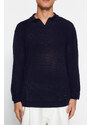 Trendyol Navy Regular Fit Polo Neck Crochet Detail Cotton Knitwear Sweater