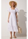 Happiness İstanbul Women's White Square Collar Linen Dress