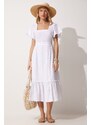 Happiness İstanbul Women's White Square Collar Linen Dress