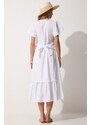 Happiness İstanbul Women's White Square Collar Linen Dress