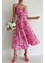 Madmext Pink Patterned Decollete Midi Length Dress