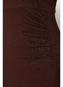 Trendyol Ottoman Brown Shirring Detailní vypasované mini, elastické pletené šaty s rozparkem