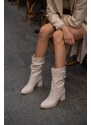 Madamra Women's Beige Women's Smocking Detailed Heeled Women's Boots.