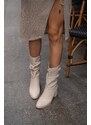 Madamra Women's Beige Women's Smocking Detailed Heeled Women's Boots.