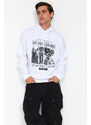 Trendyol White Men's Oversize/Wide-Fit Hooded Rap Music Printed Fleece Cotton Sweatshirt.