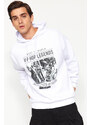 Trendyol White Men's Oversize/Wide-Fit Hooded Rap Music Printed Fleece Cotton Sweatshirt.