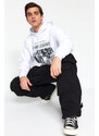 Trendyol White Men's Oversize/Wide-Fit Hooded Rap Music Printed Fleece Cotton Sweatshirt.