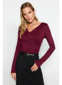 Trendyol Burgundy Fitted Viscose Gathered V-Neck Elastic Snaps Knitted Body