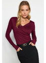 Trendyol Burgundy Fitted Viscose Gathered V-Neck Elastic Snaps Knitted Body