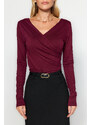 Trendyol Burgundy Fitted Viscose Gathered V-Neck Elastic Snaps Knitted Body