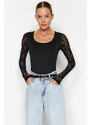 Trendyol Black Square Neck Lace Sleeve Knitted Bodysuit