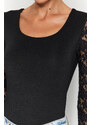 Trendyol Black Square Neck Lace Sleeve Knitted Bodysuit