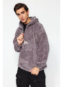 Trendyol Gray Oversize/Wide-Fit Zippered Mountain Embroidery Pocket Fleece/Plush Sweatshirt