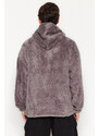 Trendyol Gray Oversize/Wide-Fit Zippered Mountain Embroidery Pocket Fleece/Plush Sweatshirt